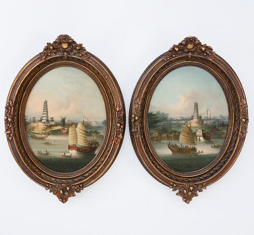 Pair of Chinese Export Oils "Two Views of the Nine-Stage Pagoda at Whompoa Anchorage", circa 1830-1840