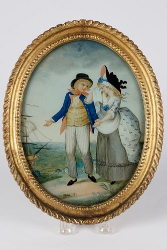 China Trade Oval Painting on Glass of William and Mary After R. Pollard, 1785, circa 1800