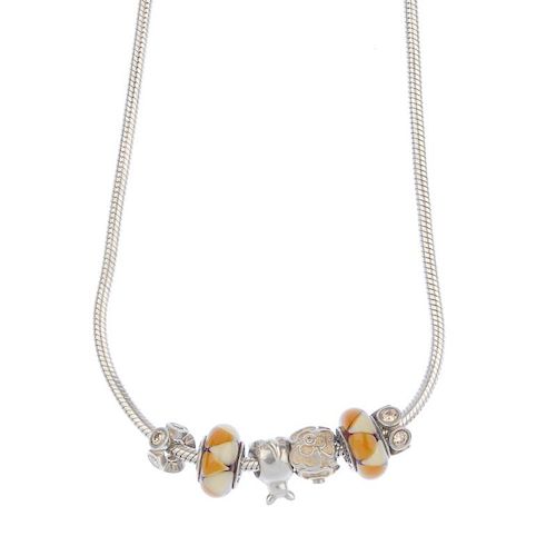 PANDORA - a charm necklace. With six charms to include two glass charms, two clear paste charms and