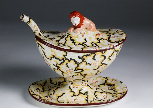 English Creamware Vermiculated Covered Sauce Tureen and Ladle, circa 1810