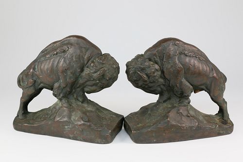 Pair of Joza Krupka Bronze-Clad Bison Bookends, circa 1914