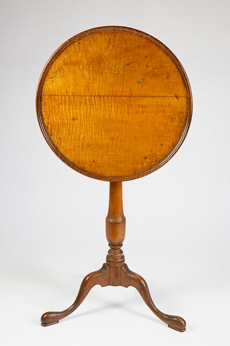 American Queen Anne Tiger Maple Dish Top Candlestand, circa 1800