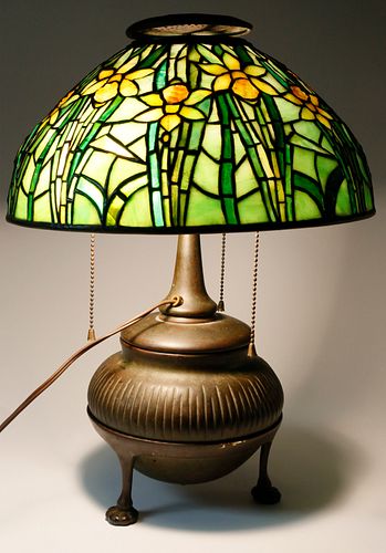 Tiffany Studios Daffodil Leaded Glass Shade on Patina Bronze Two-Part Base