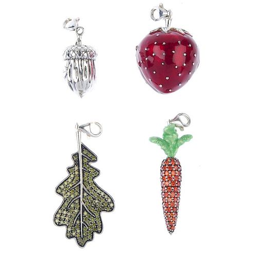 THOMAS SABO - four charms. To include a red enamelled strawberry locket charm with side hinged openi