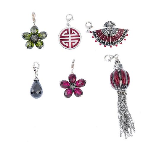 THOMAS SABO - six charms. To include a red enamelled lantern with tassel detail, a black synthetic z