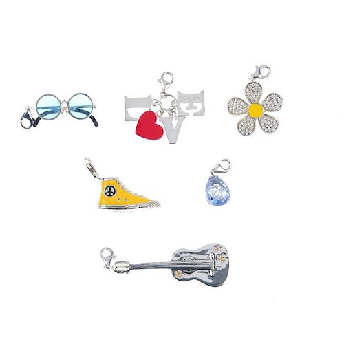 THOMAS SABO - six charms. To include a guitar locket charm with side hinged opening, a yellow enamel