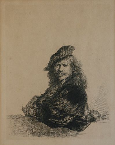 After Rembrandt Harmenszoon Van Rijn Etching on Paper "Self-Portrait Leaning on a Stone Sill"