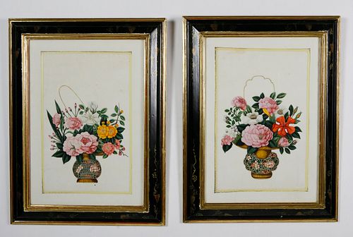 Pair of China Trade Floral Watercolors on Pith Paper, circa 1830s
