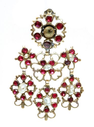 A late 18th century Iberian flat cut garnet and freshwater pearl pendant drop, later converted to a brooch, c.1800,