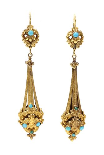 A pair of Regency gold and turquoise set drop earrings,
