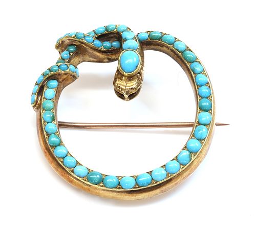 A Victorian gold turquoise set snake brooch/pendant,