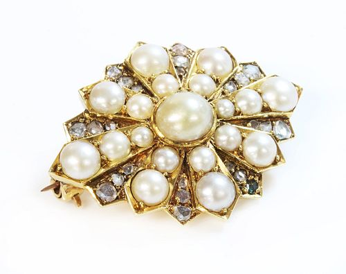 A Victorian gold split pearl and diamond star brooch or motif,