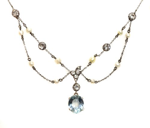 An Edwardian aquamarine, diamond and pearl swag necklace, c.1910,