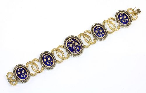A two colour gold diamond and enamel plaque bracelet,