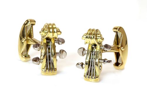 A pair of 18ct yellow and white gold violin scroll cufflinks, by Deakin and Francis, retailed by Hamilton & Inches,