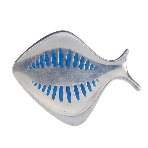 GEORG JENSEN - an enamel fish brooch. Of stylised fish outline, to the blue enamel scale highlights.