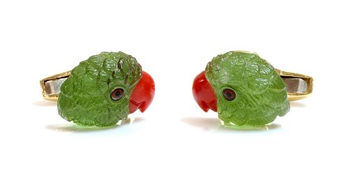 A pair of 18ct gold carved peridot and coral parrot head cufflinks, by Deakin & Francis, retailed by Hamilton & Inches, c.2010,