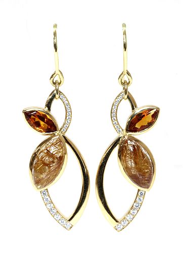 A pair of 18ct gold rutilated golden quartz, citrine and diamond earrings, by Hamilton & Inches,