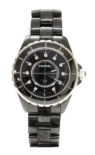 A black ceramic Chanel 'J12' quartz bracelet watch,