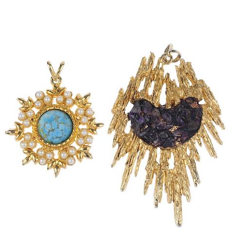 A selection of designer costume jewellery. To include an Exquiste abstract gem-set pendant, a Trifar