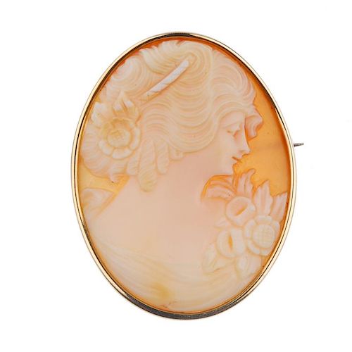A selection of jewellery. To include an oval shell cameo brooch, a modified amber necklace, a mother