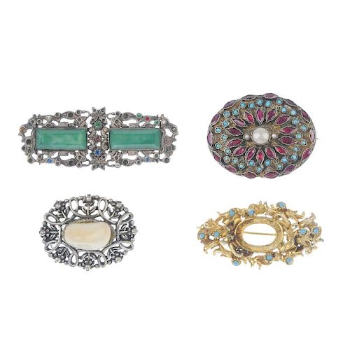 A selection of five items of costume jewellery. To include a late 19th century multi-gem brooch, a s