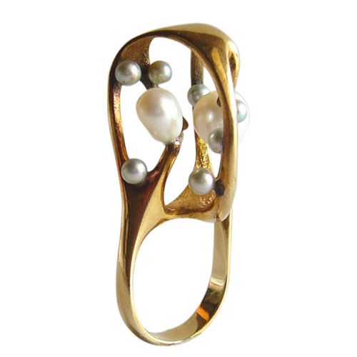 J. Arnold Frew Pearl Gold American Modernist Cocktail Ring