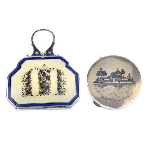 Two compacts. The first in the shape of a bag with guilloche enamel panel detail, opening to reveal