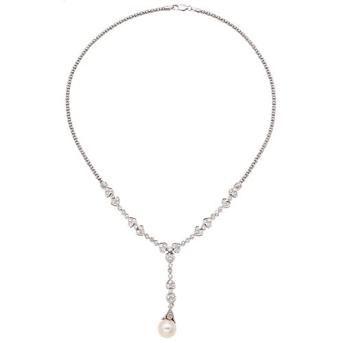 CHOKER WITH CULTURED PEARL AND DIAMONDS IN 14K WHITE GOLD 1 Cream-colored pearl, different cut diamonds ~1.70 ct