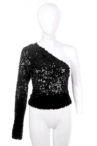 YVES SAINT LAURENT Rive Gauche - an asymmetrical sequin top. Designed with one full-length sleeve wi