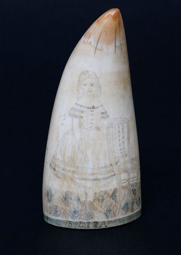 Antique Scrimshaw and Polychrome Whale Tooth, circa 1860