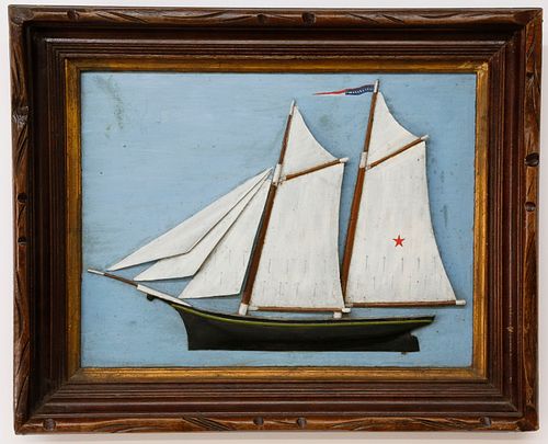 Carved and Painted Half Hull Diorama of the Two Masted Schooner "May"