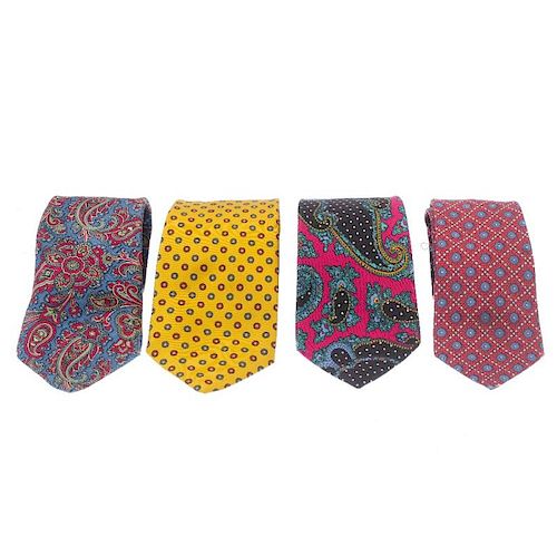 A selection of silk ties and handkerchiefs. To include a red and blue patterned Hermes tie, a Salvat