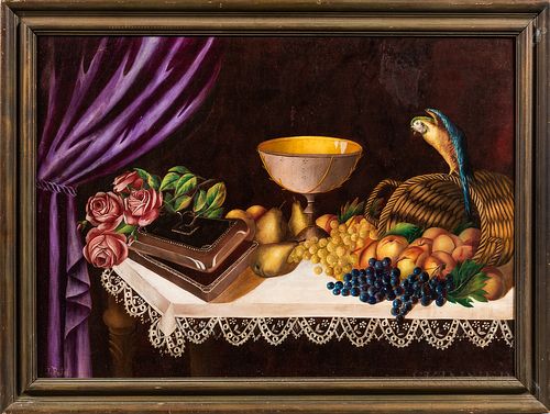 American School, Late 19th Century

Tabletop Still Life with Fruit, Flowers, and Compote. Signed "V. Petrie" l.l. Oil on canvas, 26 x 36 in., framed. 