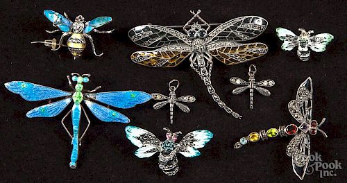 Six sterling silver and enamel insect brooches, to include dragonflies, flies, and bees