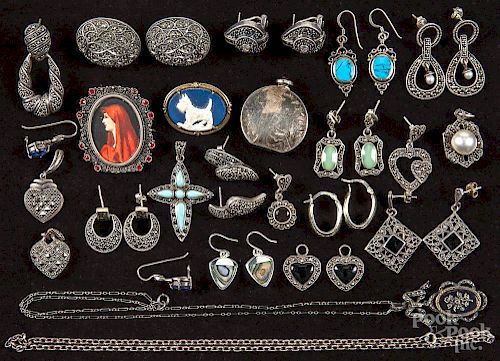 Assorted sterling silver jewelry, to include earrings and charms, some pieces inset with turquoise.