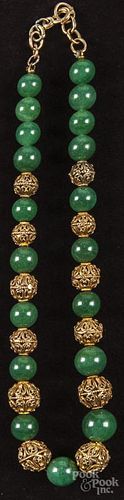 Green jade and 14K yellow gold beaded necklace, 17'' l.