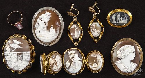 Cameo jewelry, 19th c., to include three brooches, largest - 2'', together with a Wedgwood brooch