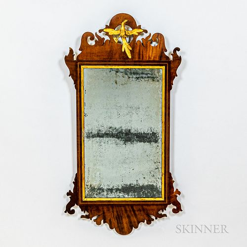 Chippendale Tiger Maple Veneer Scroll-framed Mirror with Gilt Phoenix
