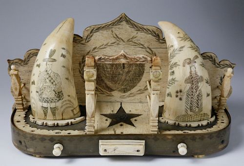Antique Whalebone, Baleen and Scrimshaw Whale Teeth Watch Hutch, circa 1840