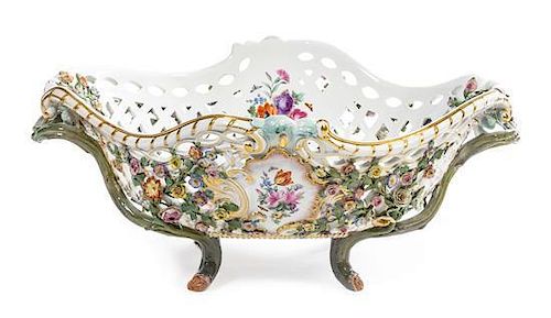 A Large Meissen Porcelain Centerpiece Basket Height 12 x width 28 1/2 inches.