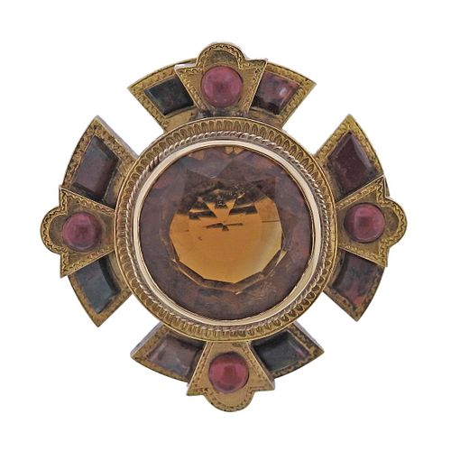 Scottish Antique 14k Gold Agate Gemstone Brooch Pendant