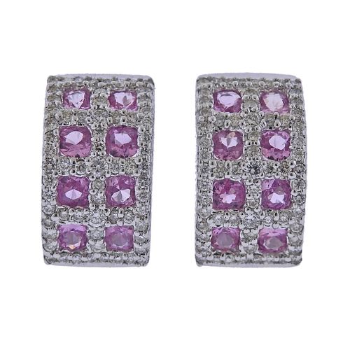 18k Gold Pink Sapphire Diamond Half Hoop Earrings