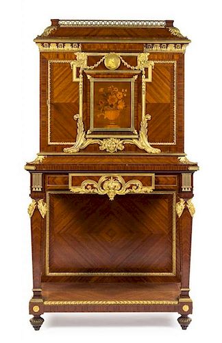 A Louis XVI Style Gilt Bronze Mounted Kingwood and Marquetry Cabinet Height 70 x width 38 1/2 x depth 18 1/4 inches.