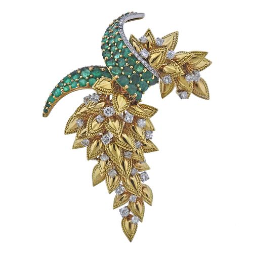 Marchak Paris France Gold Emerald Diamond Brooch