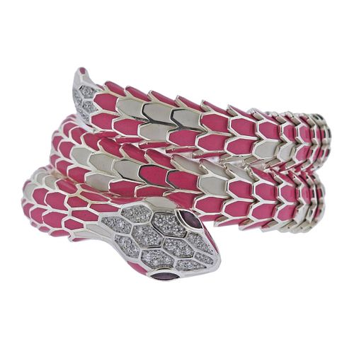 18k Gold Silver Diamond Ruby Enamel Snake Wrap Bracelet