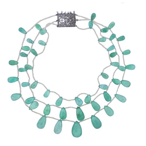 Antique Edwardian Platinum Emerald Diamond Pearl Necklace