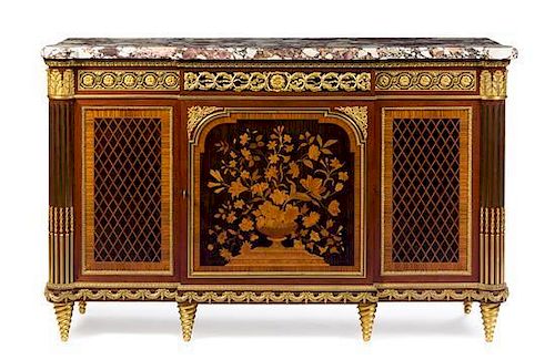 A Louis XVI Style Gilt Bronze Mounted Marquetry Console Height 45 x width 69 x depth 20 1/2 inches.