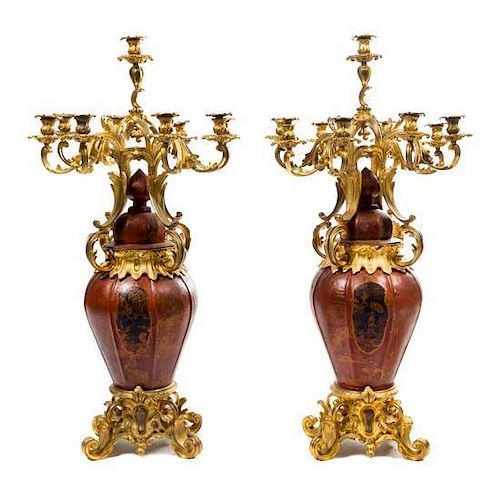 A Pair of Napoleon III Gilt Bronze Mounted Tole Nine-Light Candelabra Height 46 1/2 inches.