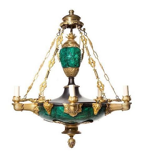 A Neoclassical Gilt Bronze and Malachite Five-Light Chandelier Height 36 x diameter 33 inches.